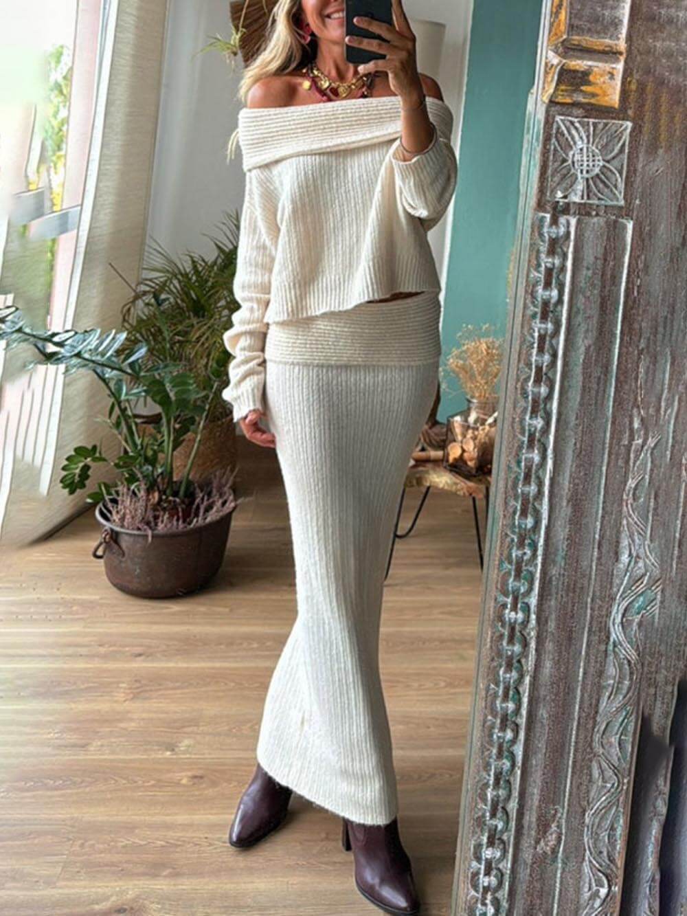 Casual Ribbed Knit Off Shoulder Long Sleeve Sweater and Stretch Maxi Skirt Set