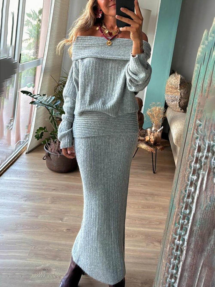 Casual Ribbed Knit Off Shoulder Long Sleeve Sweater and Stretch Maxi Skirt Set