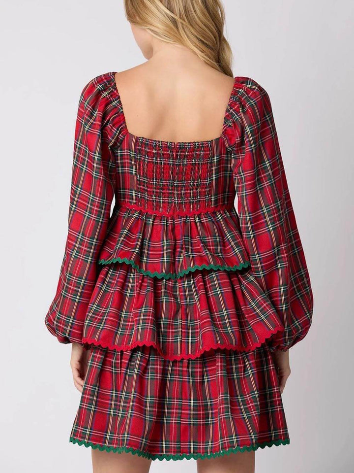 Christmas Plaid Long Sleeve Layered Dress