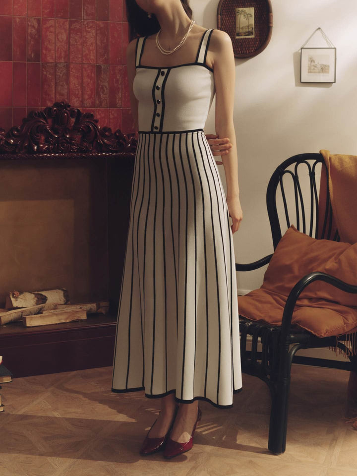 Vintage Suspender Striped Contrast Knitted Midi Dress