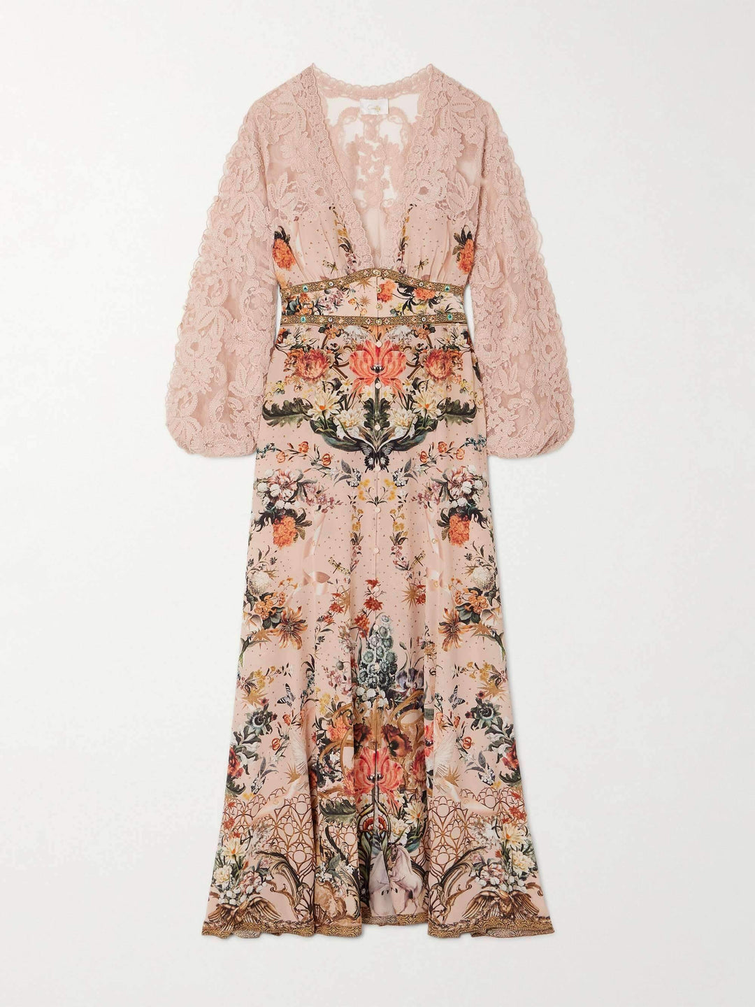 Elegant Lace Panel Printed Maxi Dress