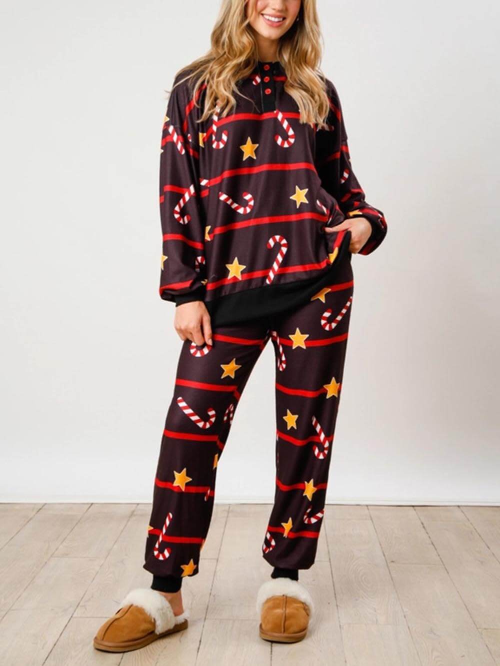 Christmas Cane Snowflake Print Button Long-Sleeved Home Wear Set