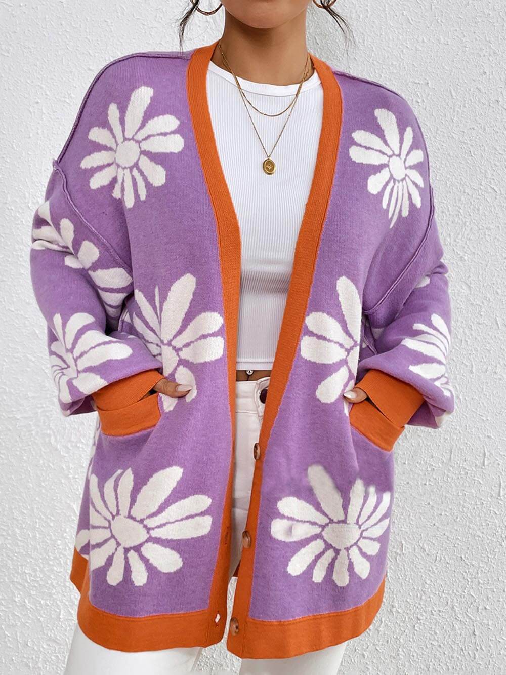 Classic V-Neck Printed Loose Knit Cardigan