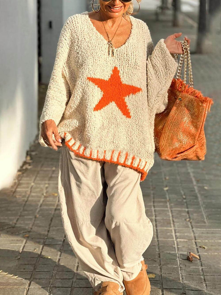 Winter Day Warm Texture Star Pattern Contrast Color Loose Sweater