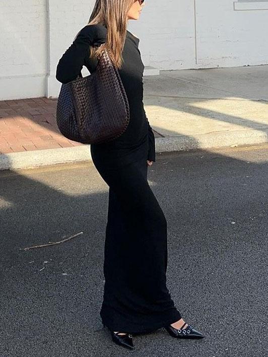 Solid Color Off-shoulder Long-sleeved Maxi Dress