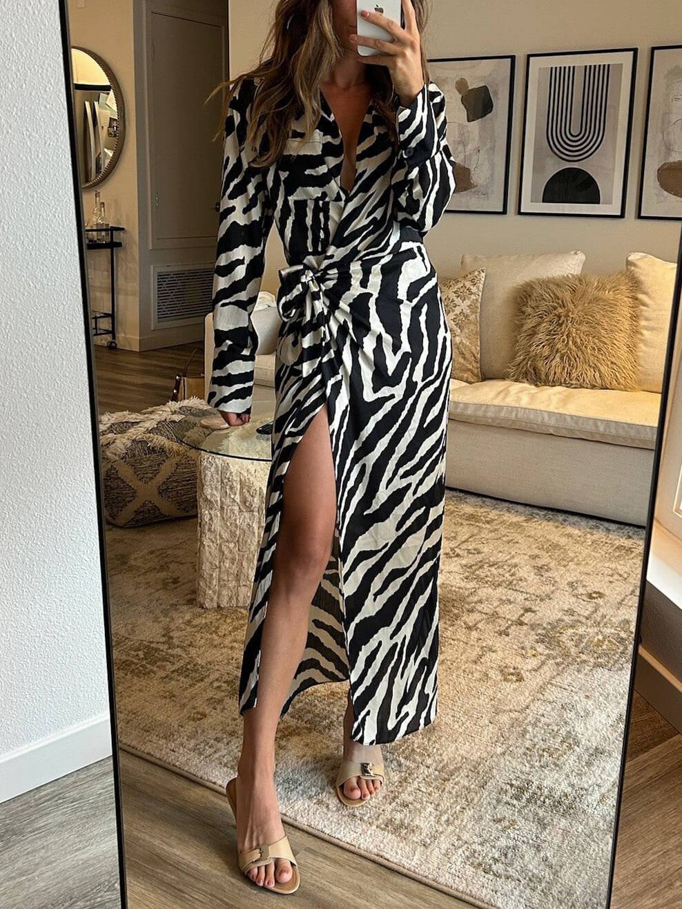 Casual Zebra Print Long Sleeve Wrap Midi Dress