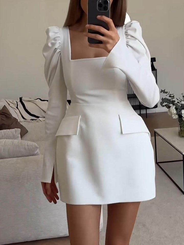 Elegant And Fashionable Slim Fit Pleated Leg-Of-Mutton Sleeves Square Neck Mini Dress