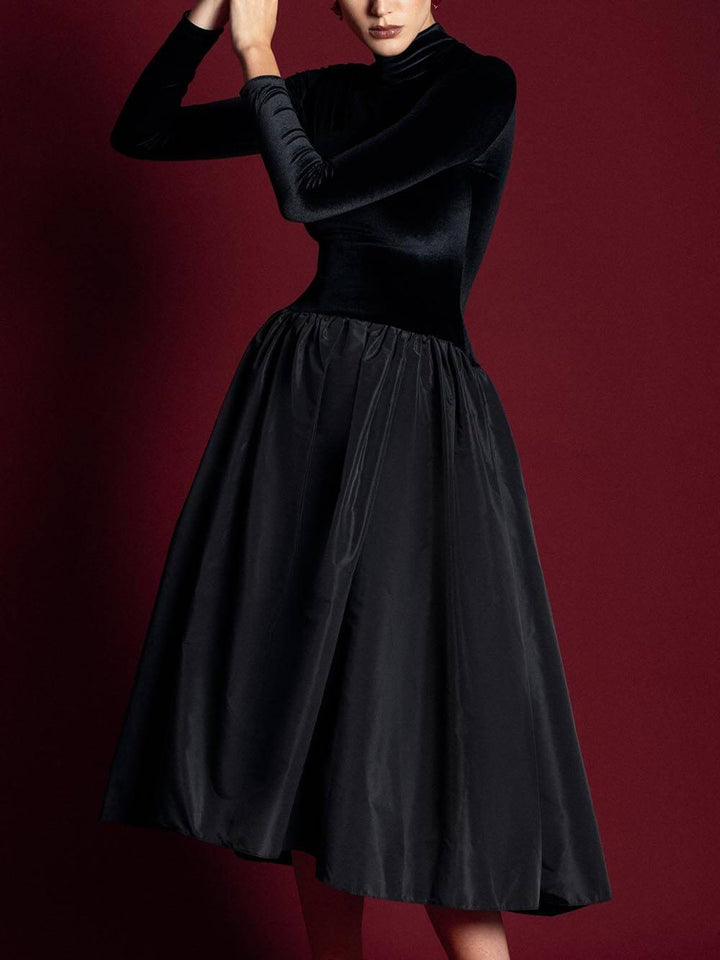 Exquisite High-Neck Pleated Paneled Taffeta Midi Dress