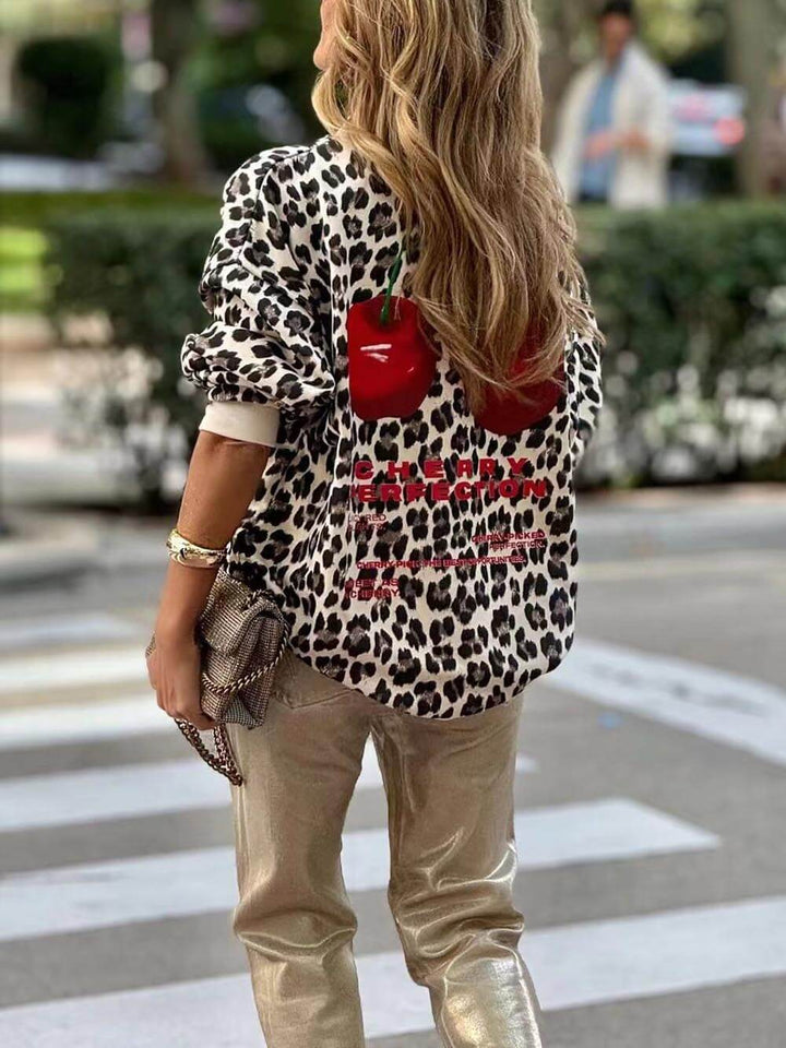 Sudadera informal con estampado de leopardo y cereza, sensación moderna única