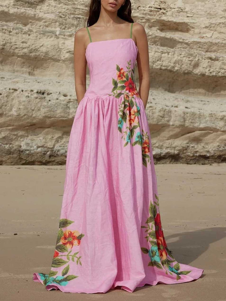 Delicate Sunshine Floral Print Sling Maxi Dress