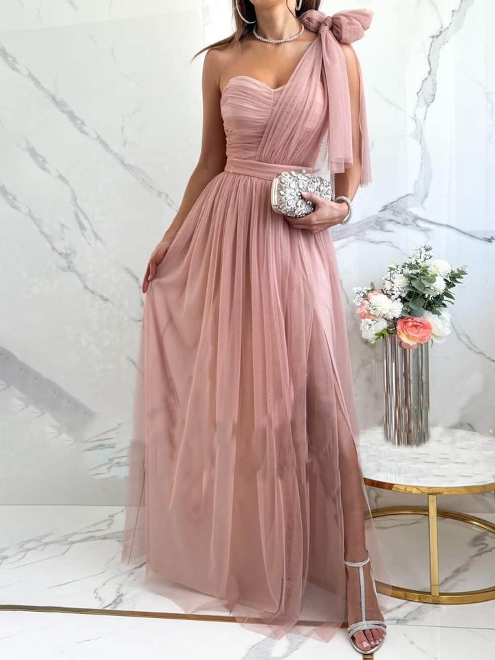 Elegant Feeling Tulle Knotted One Shoulder Pleated Slit Maxi Dress