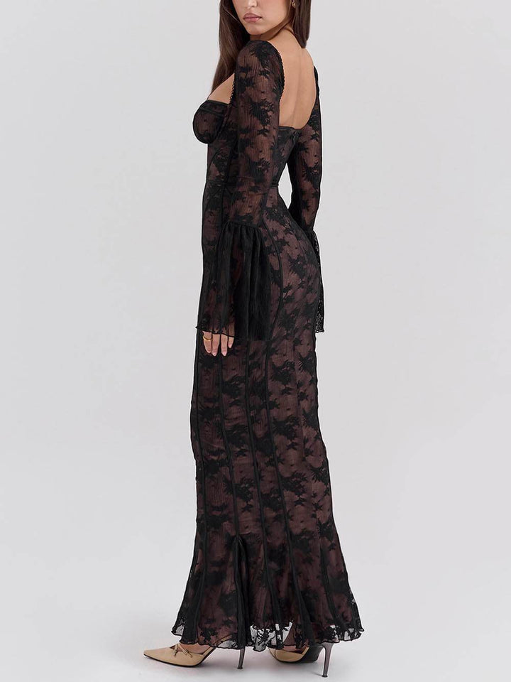 Delicate And Elegant Black Long Sleeve Lace Maxi Dress