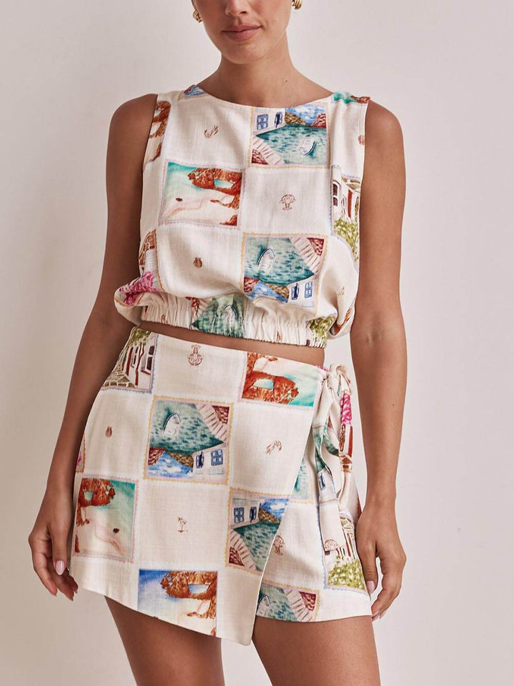 Unique Printed Tank Top And Tie Skirt Set