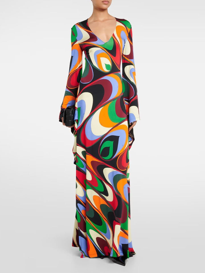 Colorful Personalized Print Trumpet Sleeve Long Dress