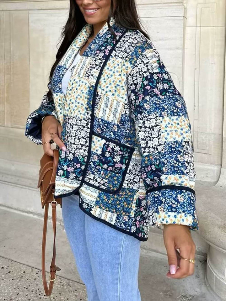 Floral Patchwork Print Lapel Pocket Jacket