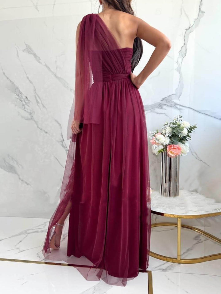 Elegant Feeling Tulle Knotted One Shoulder Pleated Slit Maxi Dress