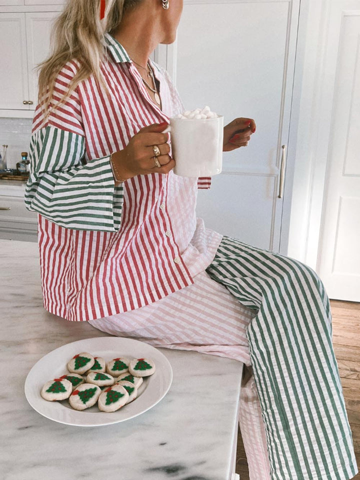 Ainutlaatuinen Color-Block Stripe Print Pyjama-setti