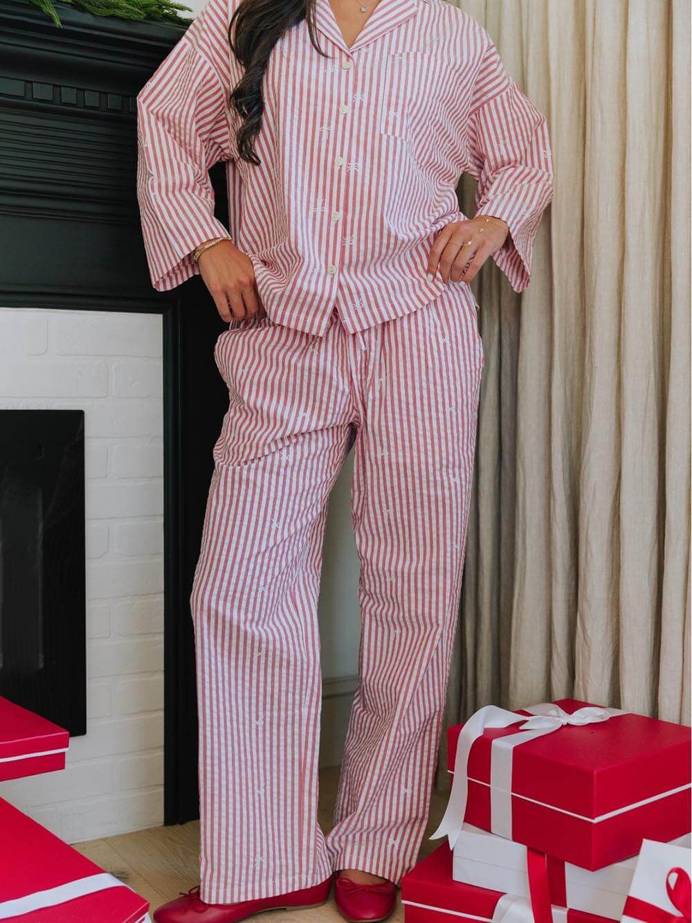 Pink Loose Striped Print Festive Pajama Set