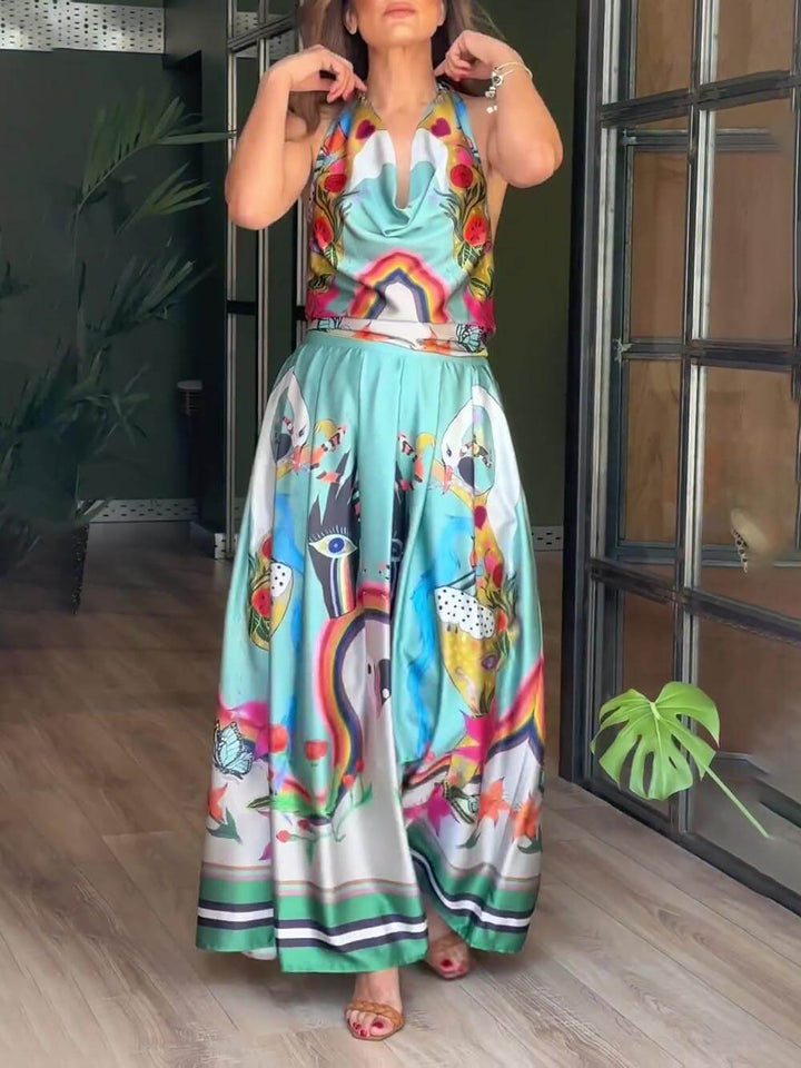 Elegance Unique Satin Print Back Tie-up Pocket Halter Maxi Dress