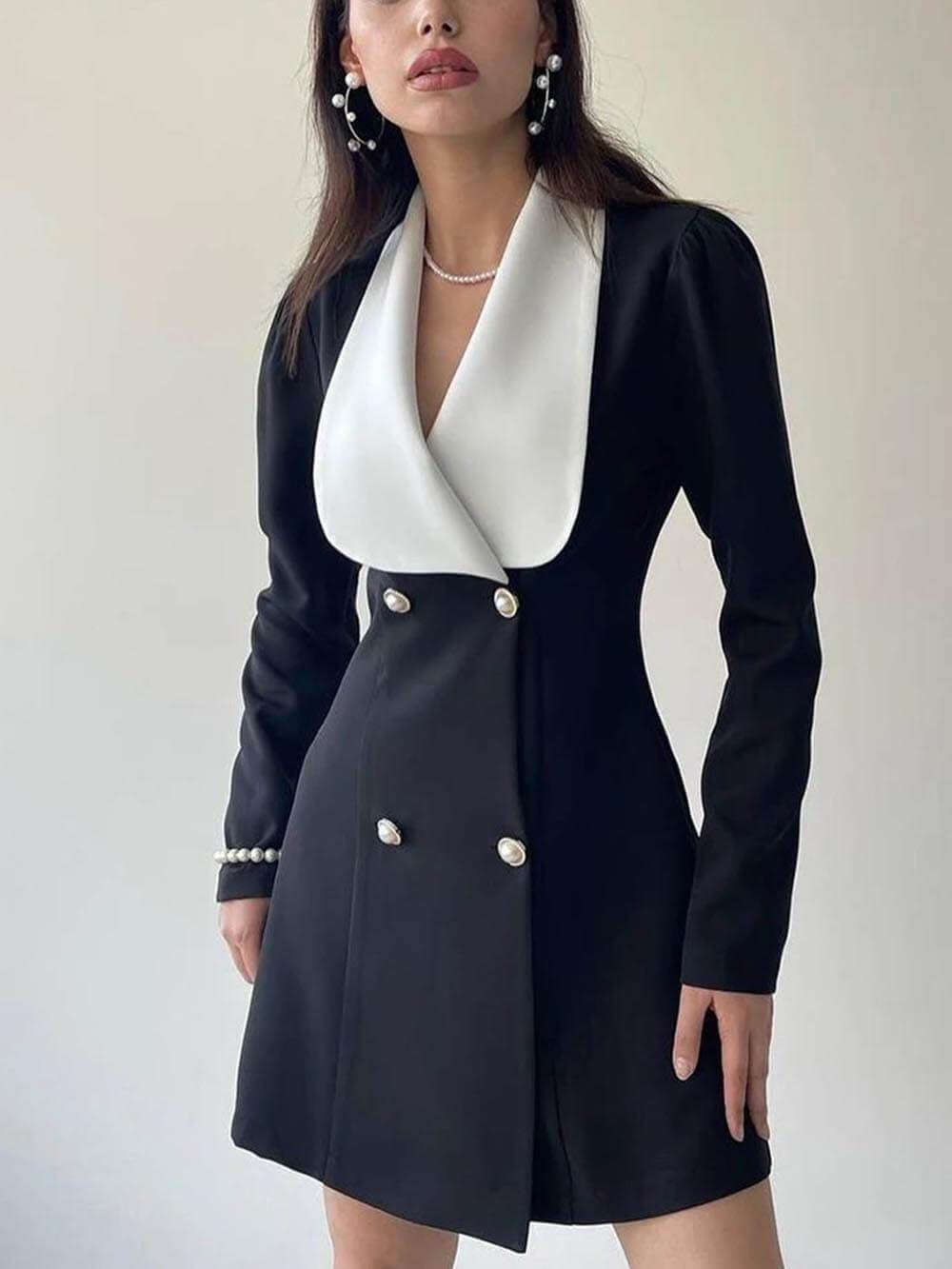 Elegance Contrast Color Metal Buckle Lapel Blazer Mini Dress