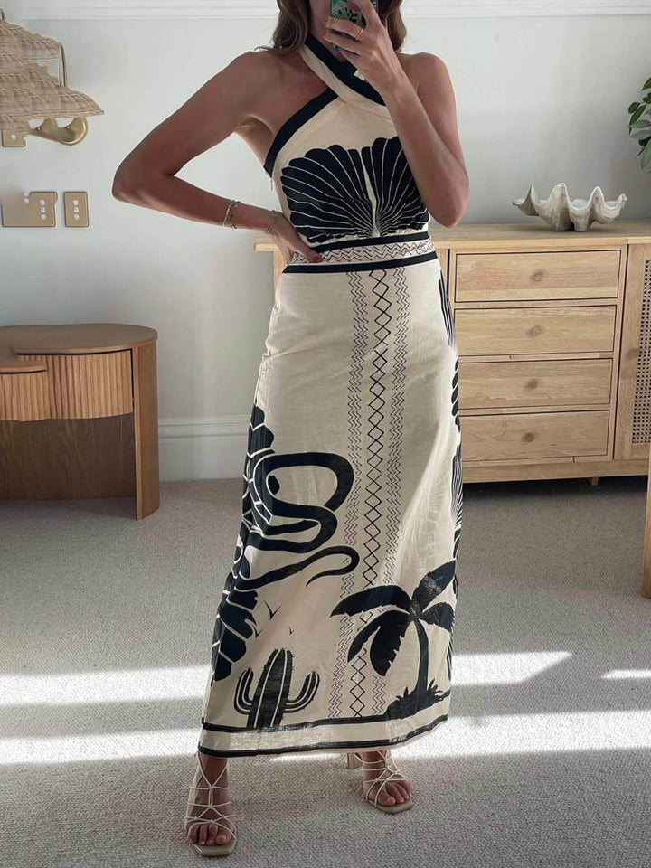 Elegant And Sexy Ethnic Print Slim-Fit Halter Neck Maxi Dress