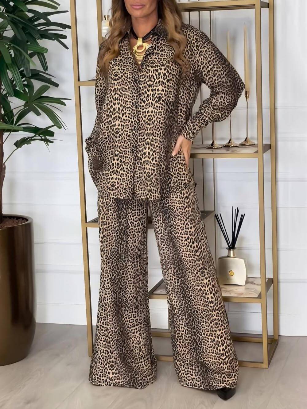 Unique Leopard Print Loose Pocket Wide-Leg Pants