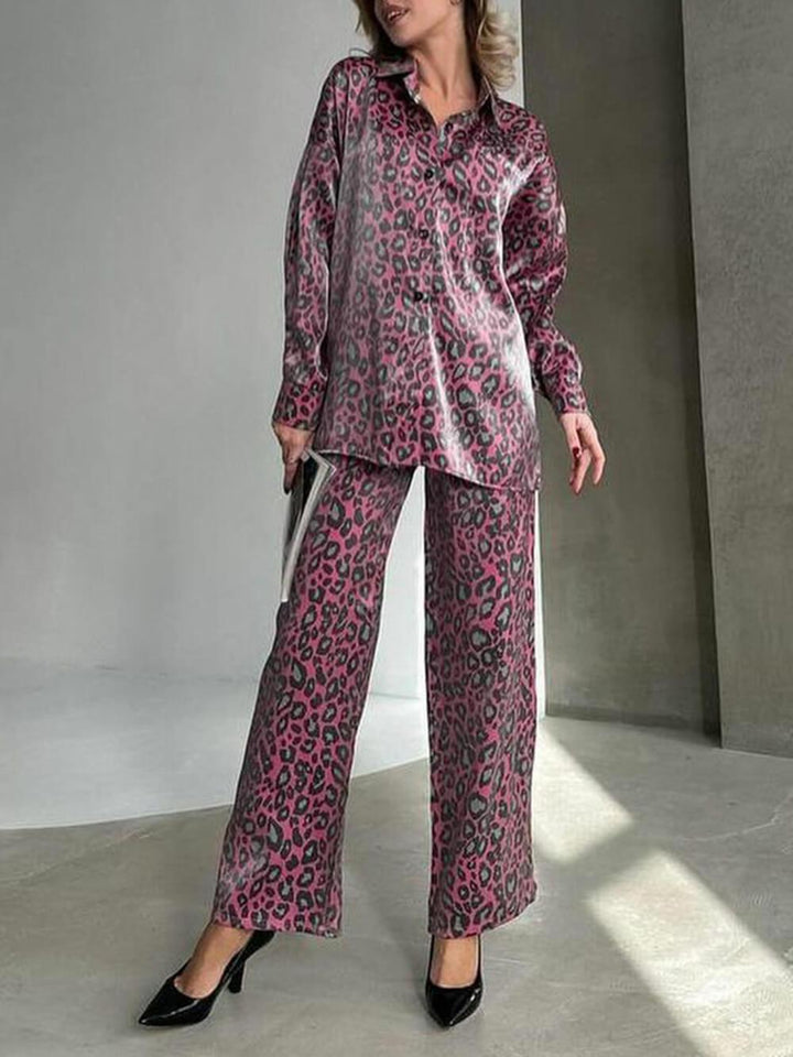 Unique Leopard Print Long-sleeved Top and Loose Elastic Waist Tie Pants Set