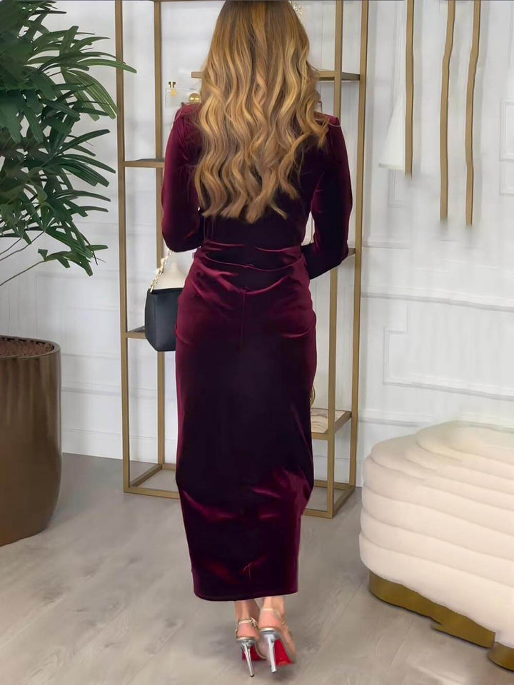 Classic Elegant Pleated Deep V Slit Party Maxi Dress