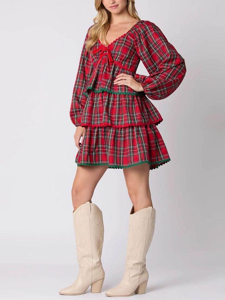 Christmas Plaid Long Sleeve Layered Dress