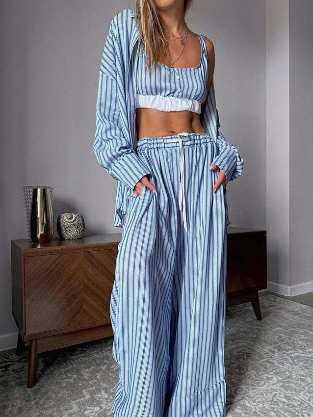 Gestreept bedrukt vest vest broek pyjama driedelige set