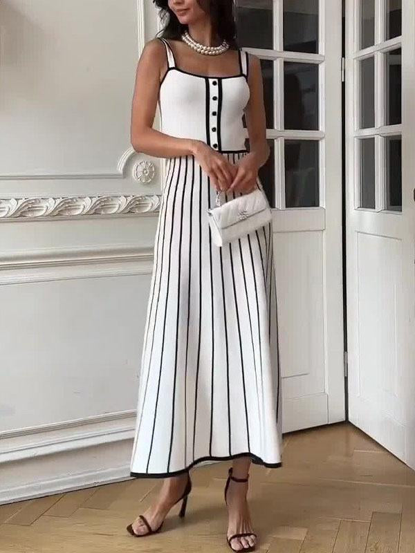 Vintage Suspender Striped Contrast Knitted Midi Dress