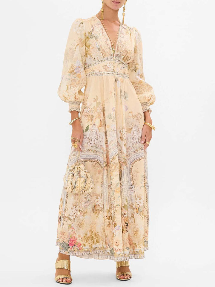 Robe longue rétro à imprimé floral frais