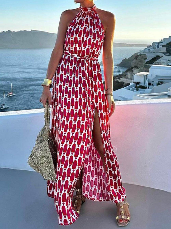 Robe midi fendue de plage à col licou imprimé sexy et à la mode