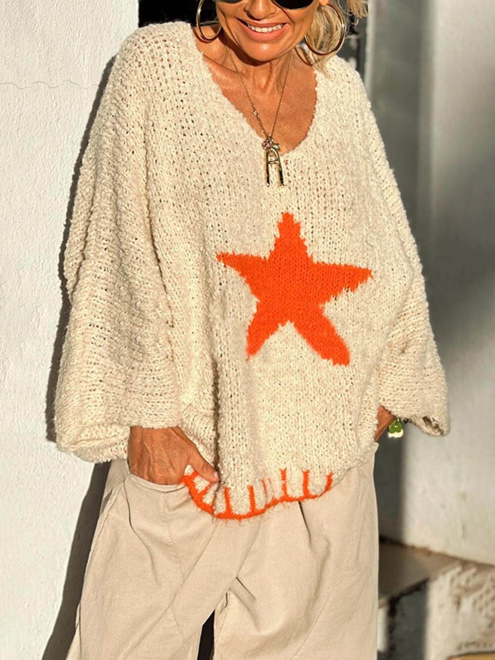 Winter Day Warm Texture Star Pattern Contrast Color Loose Sweater