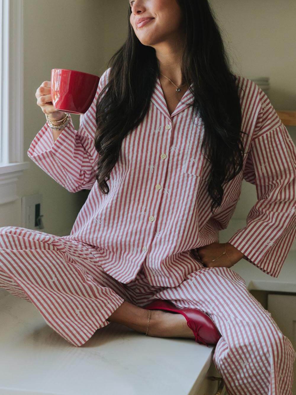 Pink Loose Striped Print Festive Pajama Set