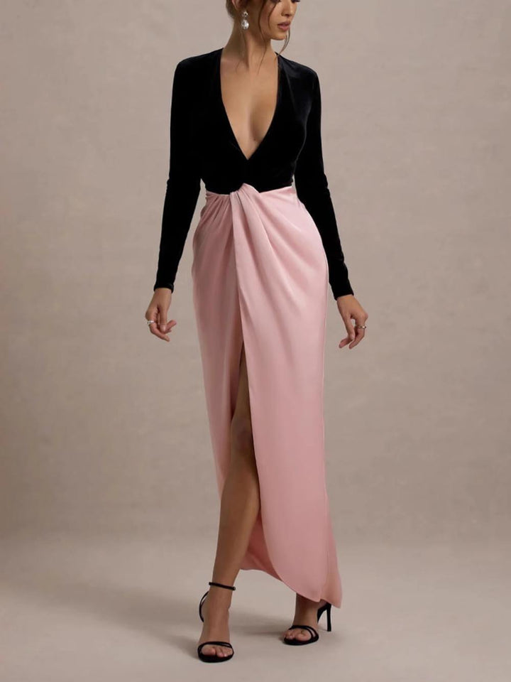 Fashionable And Sexy Split Color Matching High Waist V-Neck Maxi Dress