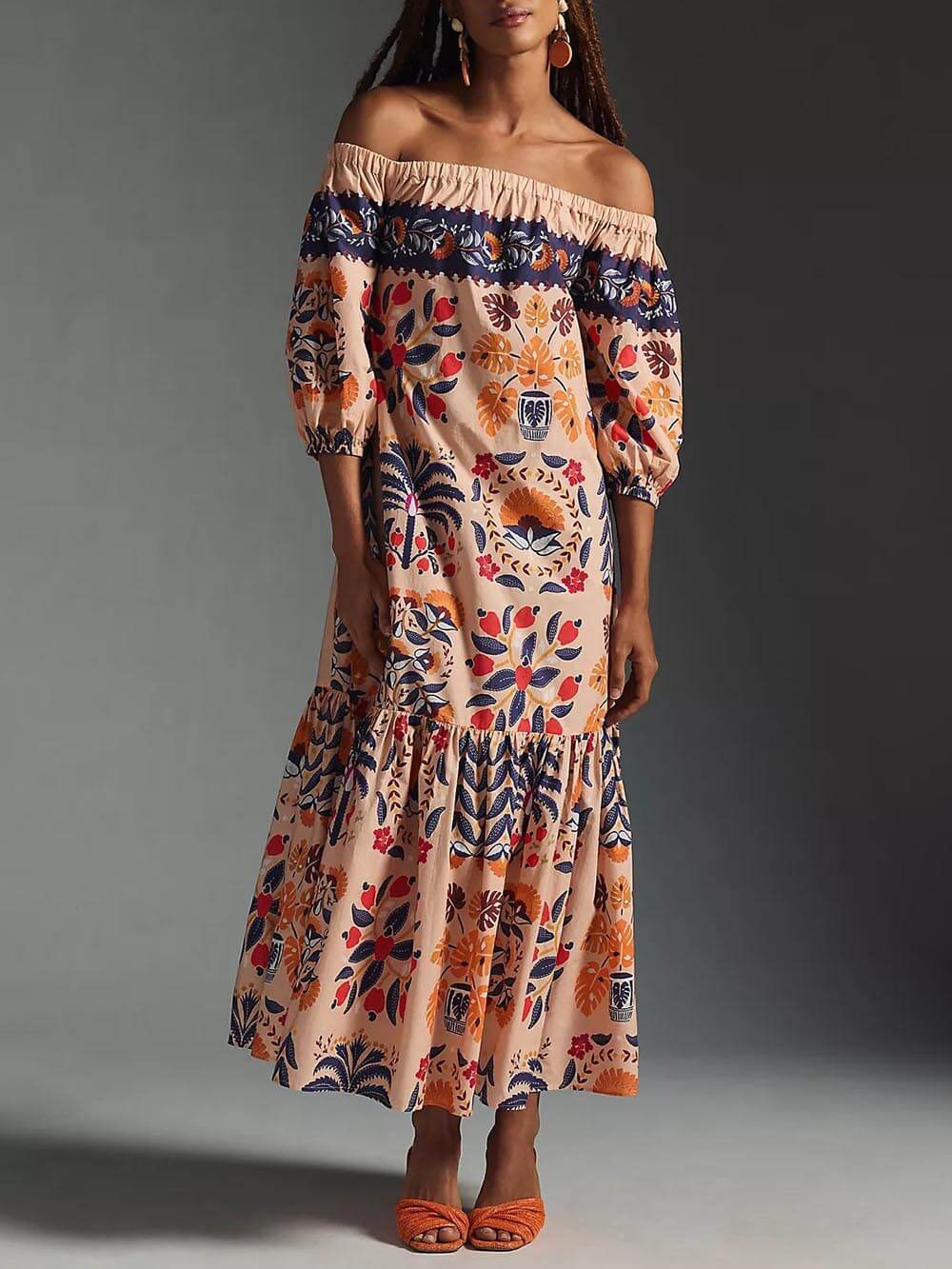 Retro Island Lover Printed Off The Shoulder Lommer Flowy Midi-kjole