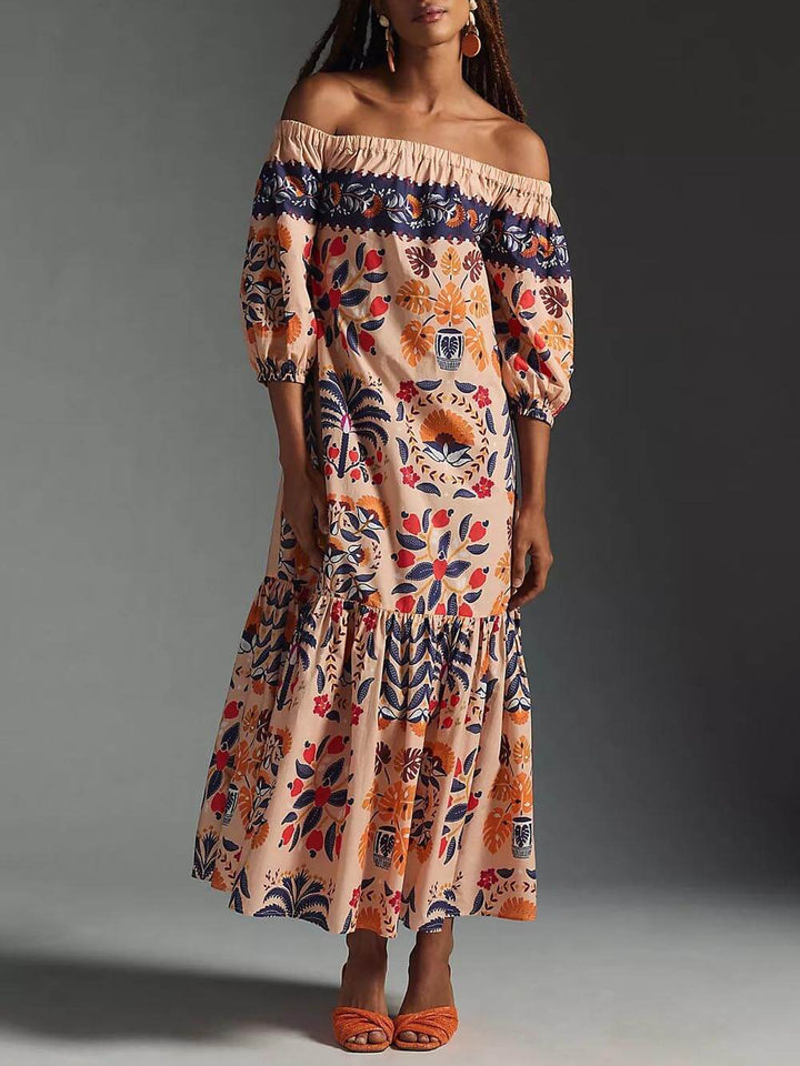 Retro Island Lover Printed Off The Shoulder Pocketed Flowy Midi Dress