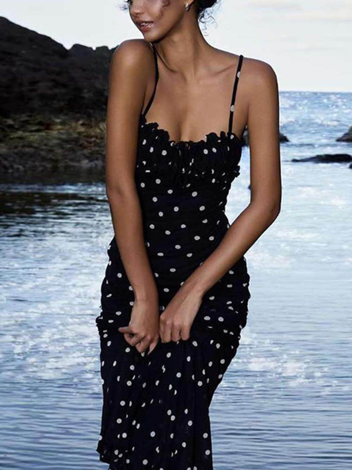 Elegante INS Franse slanke backless polka dot jarretel maxi-jurk