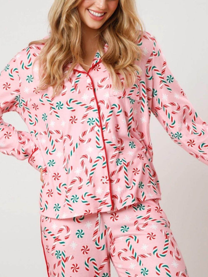 Santa Claus Snowflake Print Button Long Sleeve Homewear Set