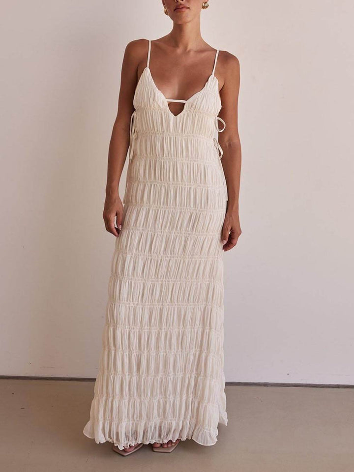 Elegant Pleated Lace-Up Adjustable Straps Loose Maxi Dress