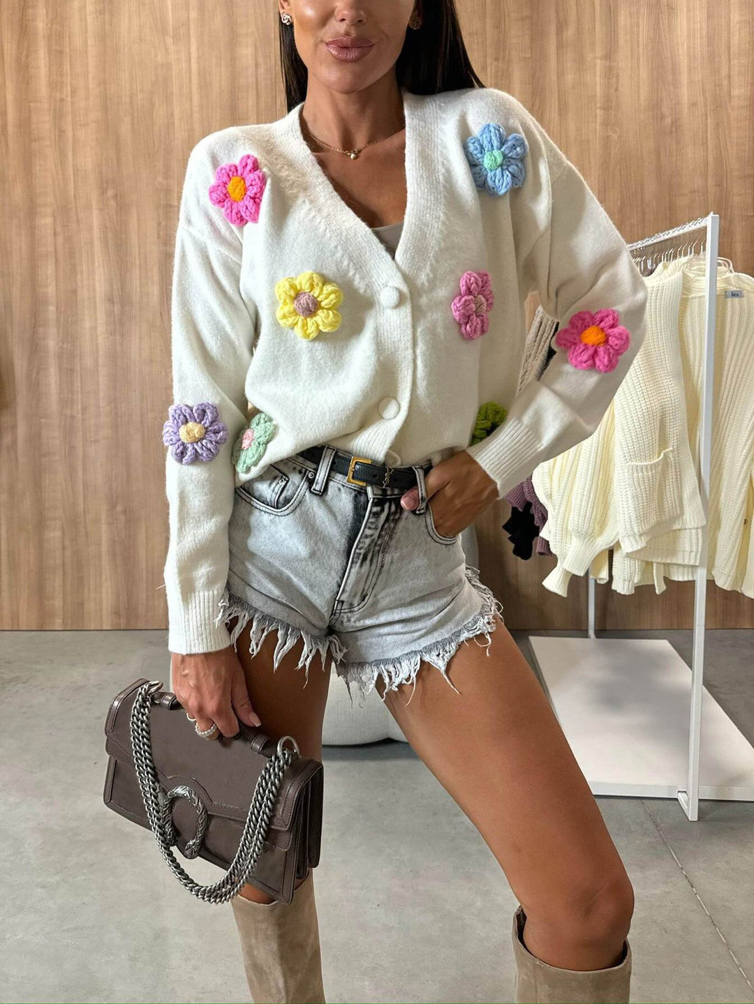 Casual Heklet Flower Cardigan Genserjakke