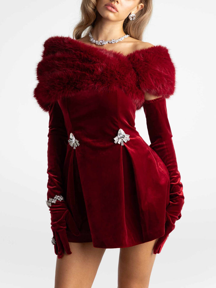 Elegant Off-the-shoulder Fur Collar Glove Mini Dress