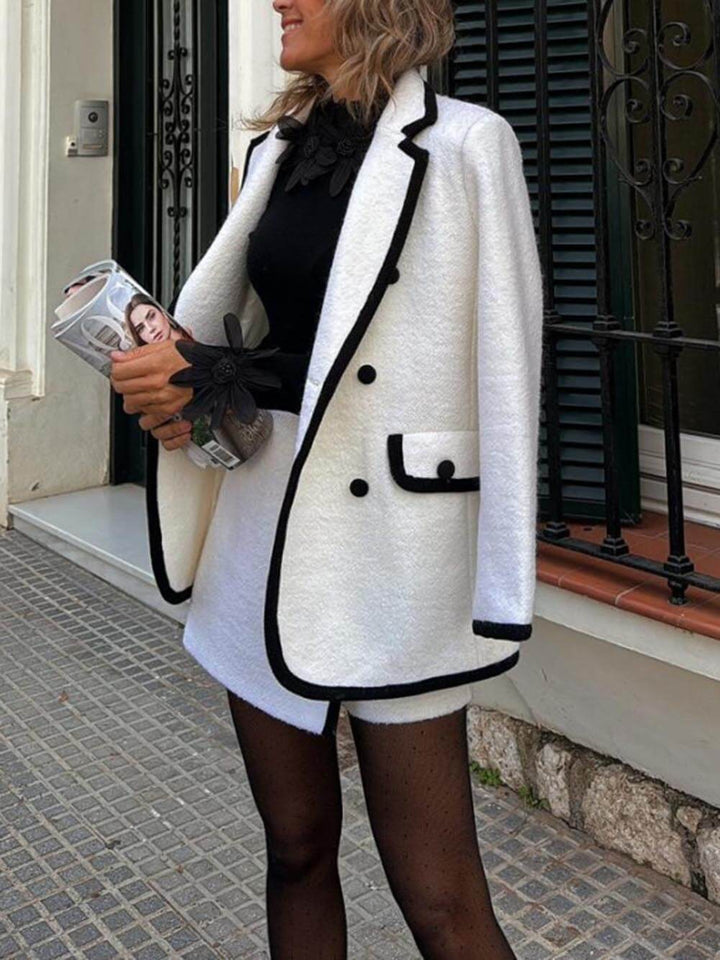 Classic Contrast Trim Button Up Long Sleeve Lapel Blazer