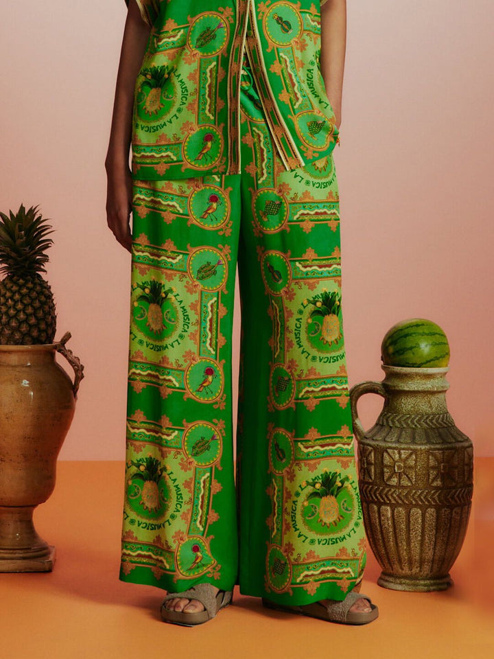 Unique Tropical Fruit Print Lace-up Loose Wide-leg Pants