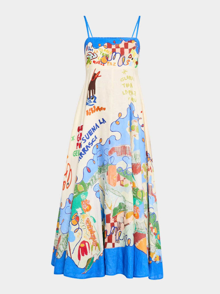 Unique Art Island Floral Print A-Line Midi Dress