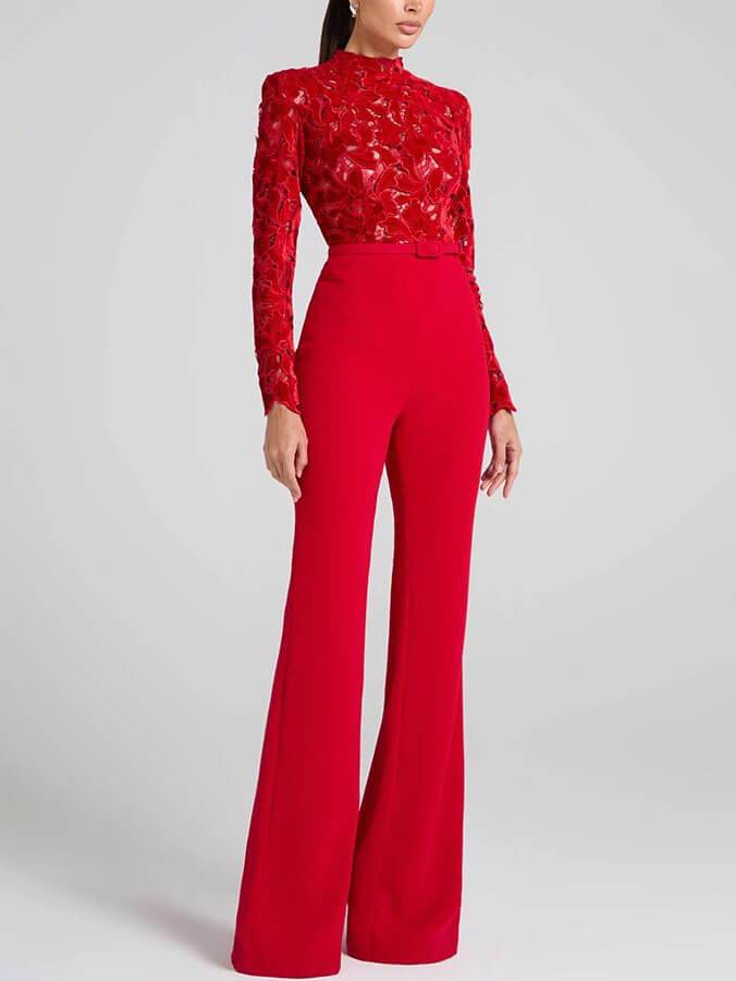 Elegant Lace Panel Flared Jumpsuit