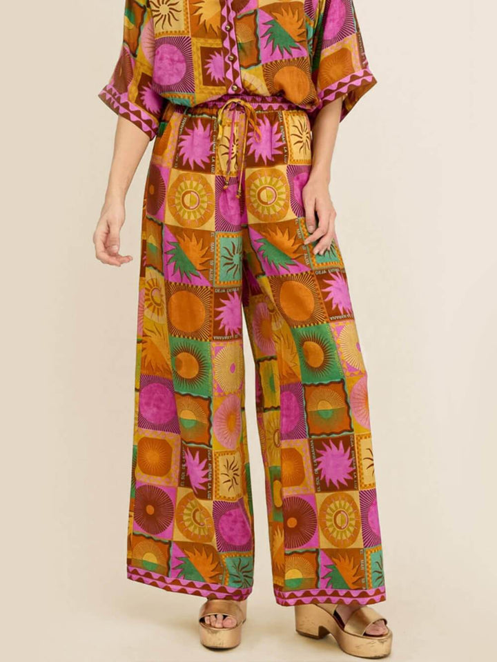 Unique Sun Pattern Print Loose Wide-Leg Pants