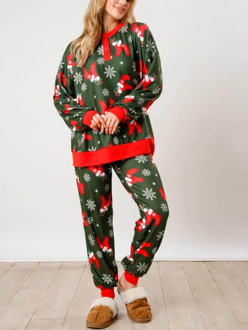 Christmas Cane Snefnug Print knap Langærmet Home Wear Set