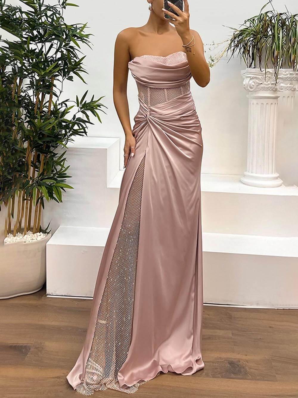 Delicate Satin Paneled Mesh Sequin Fabric Off Shoulder Ruched Drape Maxi Dress